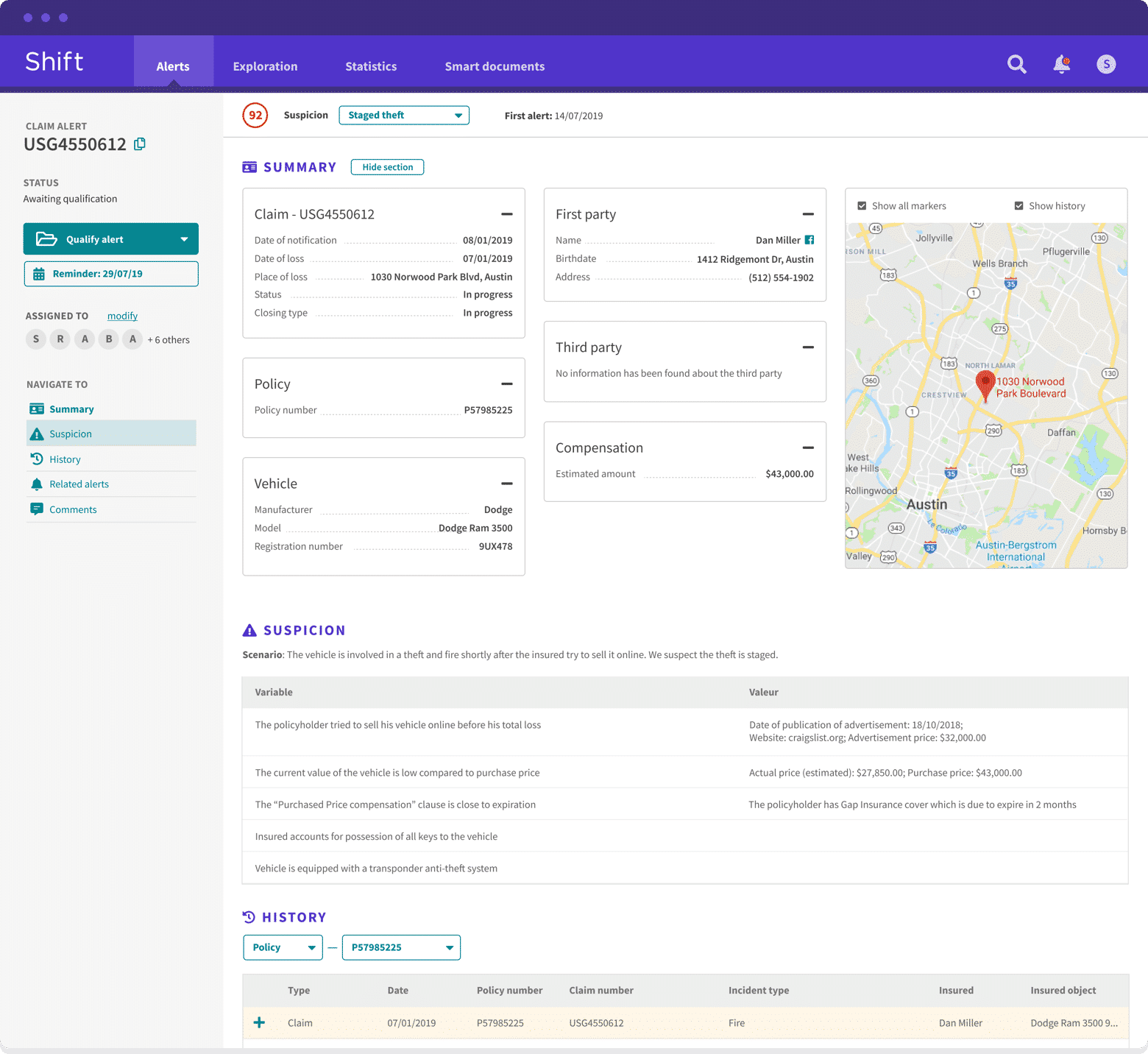 screenshot of Shift Claims Fraud Detection